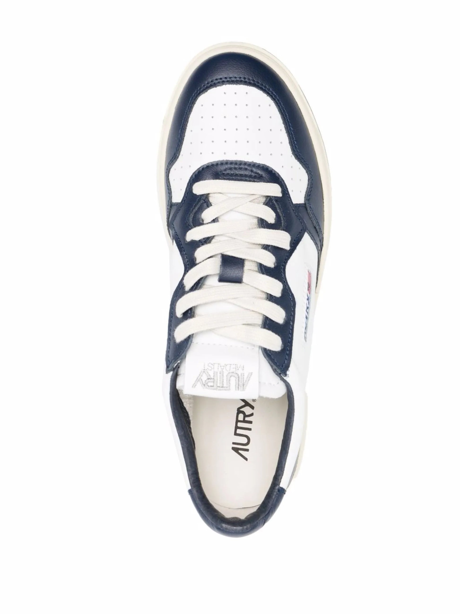 AUTRY BASKETS MEDALIST LOW BICOLOR EN CUIR BLANC ET BLEU TOP