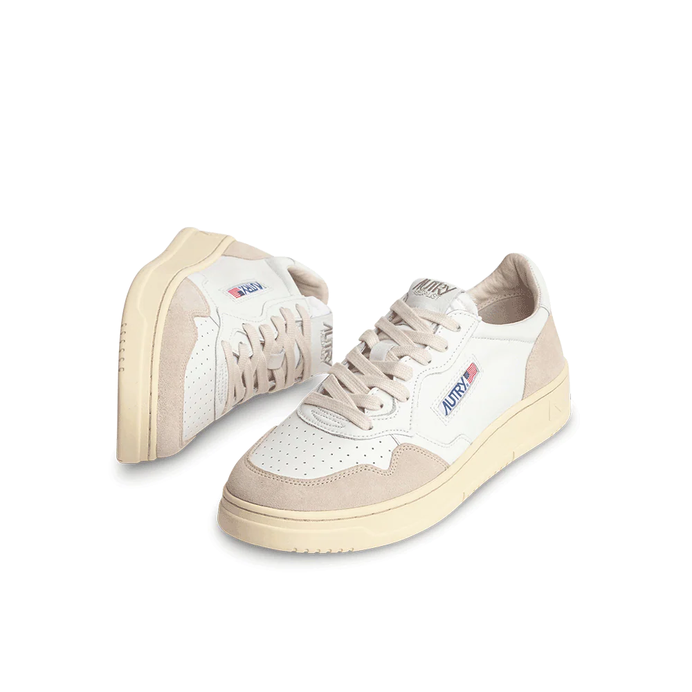 AUTRY BASKETS MEDALIST LOW EN CUIR BLANC ET DAIM BEIGE FRONT