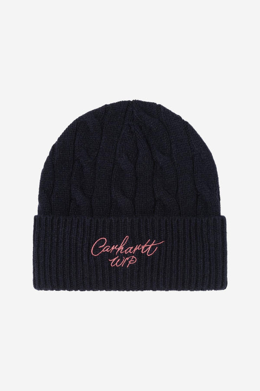 Bonnet Carhartt Wip SIGNATURE CABLE BEANIE Deep Night Glassy Pink