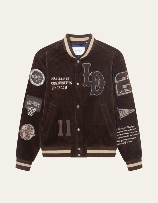 Les Deux Corduroy Varsity Jacket Slate Brown — Les Deux