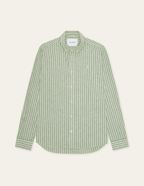 Les Deux STRIPE COTTON LINEN L/S SHIRT Artichoke Green — Les Deux