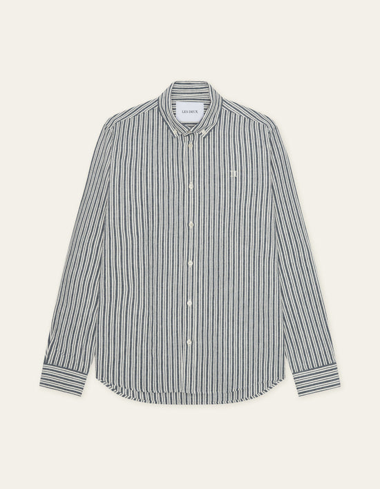 Les Deux STRIPE COTTON LINEN L/S SHIRT Dark Denim Blue — Les Deux