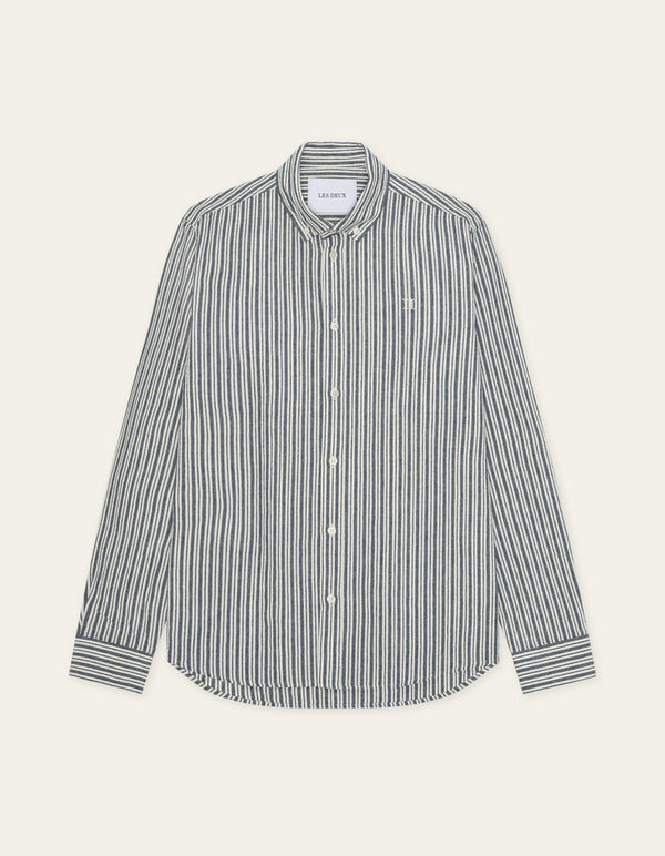 Les Deux STRIPE COTTON LINEN L/S SHIRT Dark Denim Blue — Les Deux