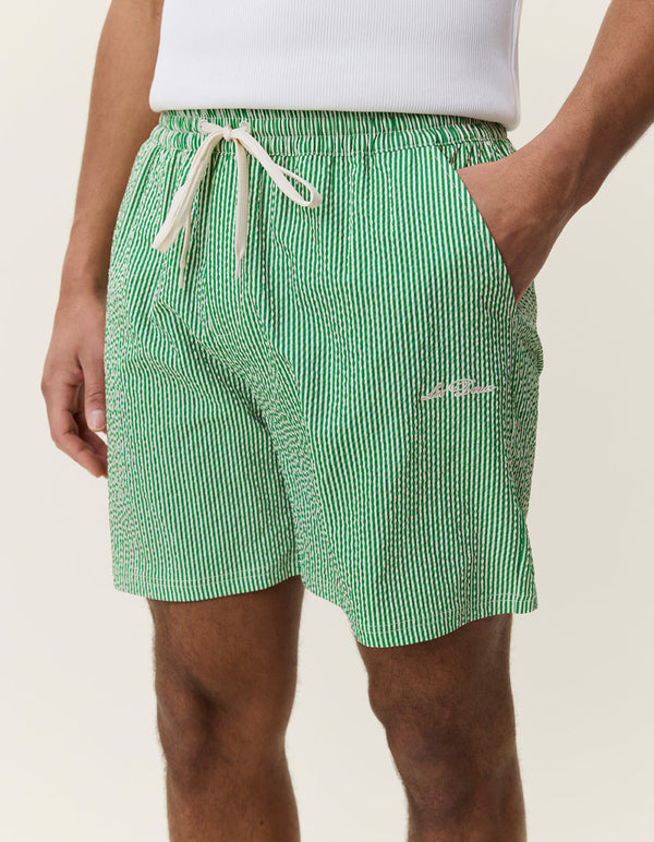Les Deux STRIPE SEERSUCKER SWIM SHORTS Artichoke Green — Les Deux