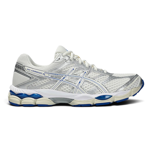 Uptown Asics GEL CUMULUS 16 running shoe in cream and illusion blue with mesh and synthetic leather overlays