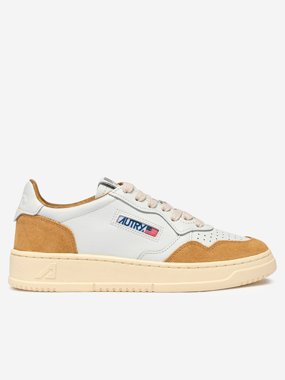 AUTRY BASKETS MEDALIST LOW EN CUIR BLANC ET DAIM MOUTARDE
