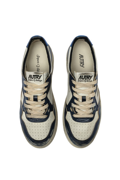 AUTRY BASKETS MEDALIST LOW SUPER VINTAGE EN CUIR BLANC ET BLEU TOP