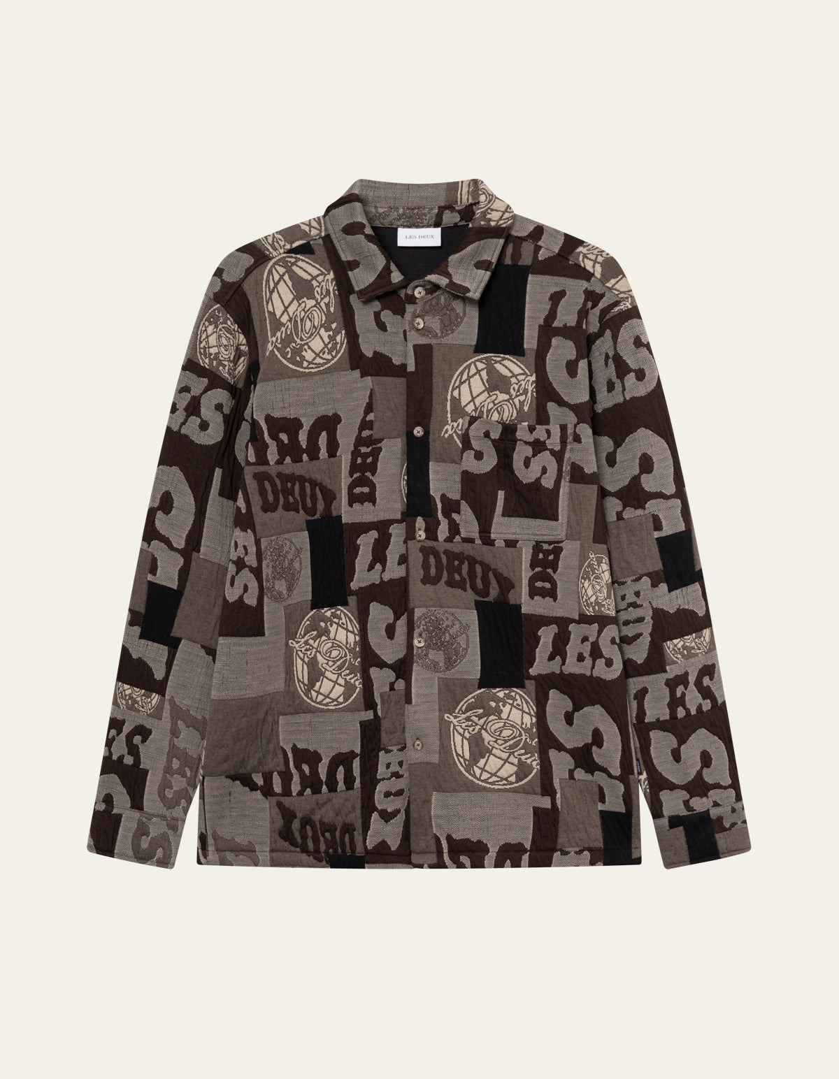 Les Deux Kaleb Patchwork Jacquard Overshirt Mountain Grey Brown