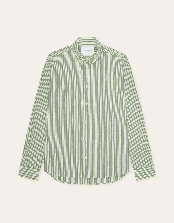 Les Deux STRIPE COTTON LINEN L/S SHIRT Artichoke Green — Les Deux