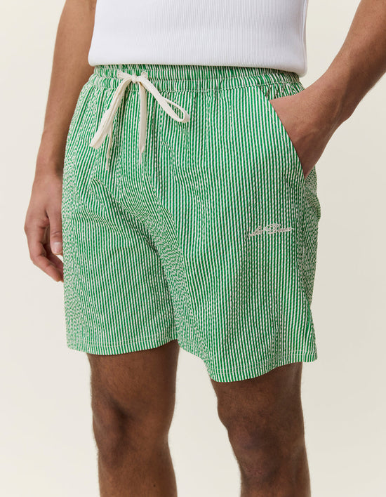 Les Deux STRIPE SEERSUCKER SWIM SHORTS Artichoke Green — Les Deux
