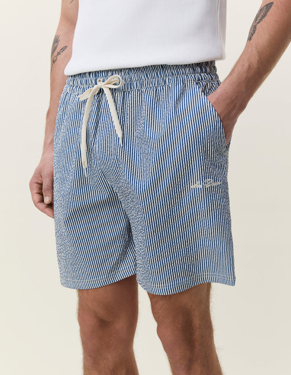 Les Deux STRIPE SEERSUCKER SWIM SHORTS Dark Denim Blue — Les Deux