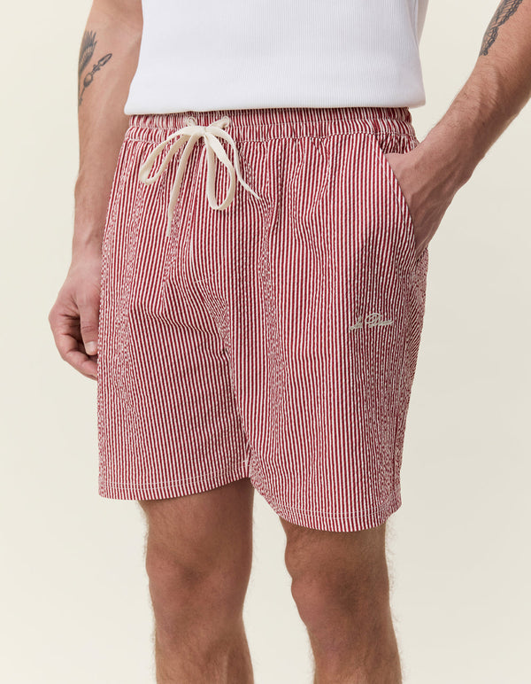 Les Deux STRIPE SEERSUCKER SWIM SHORTS Rhubarb Red — Les Deux