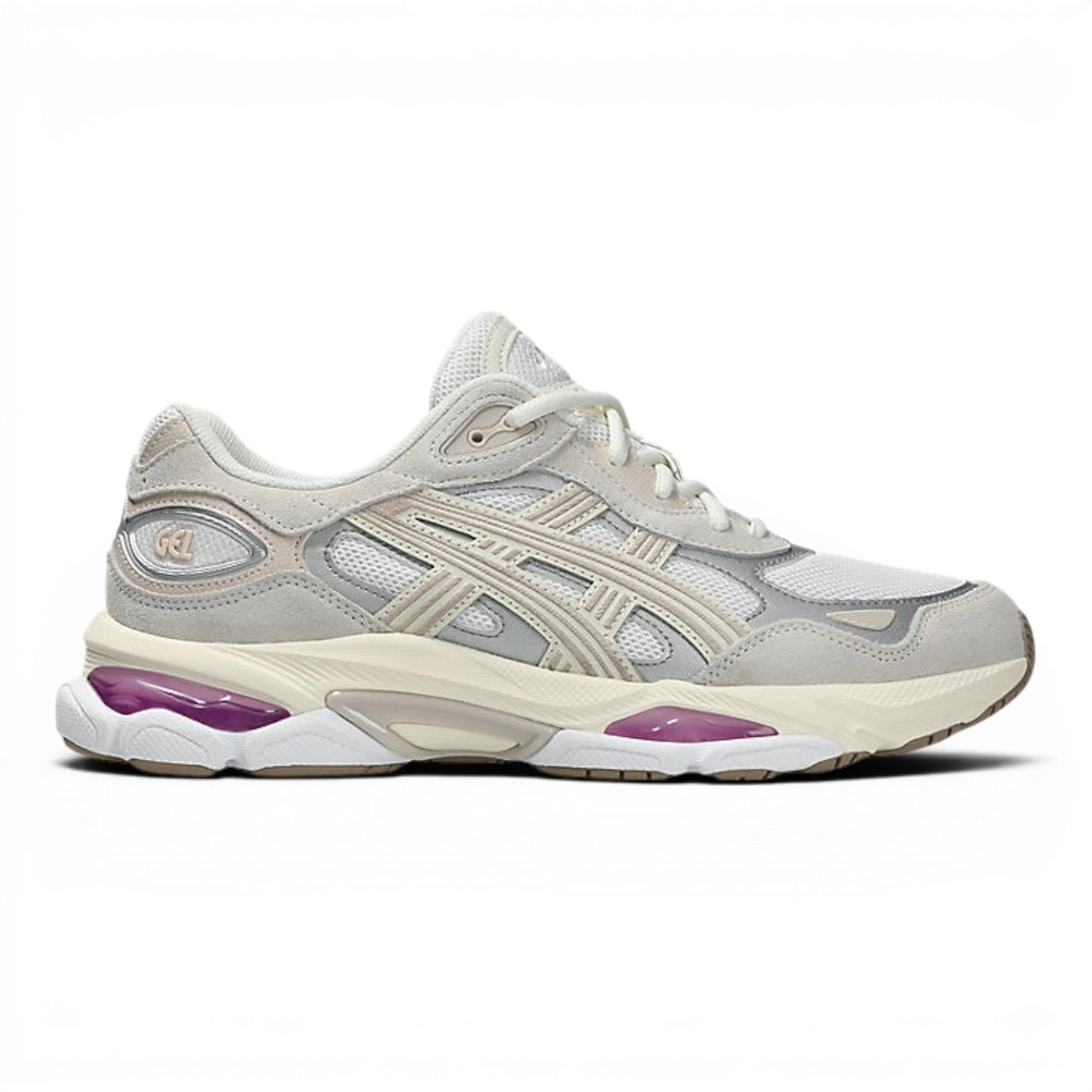 Uptown Asics GEL NYC 2.0 white and cream suede and mesh running shoes with purple GEL accents.