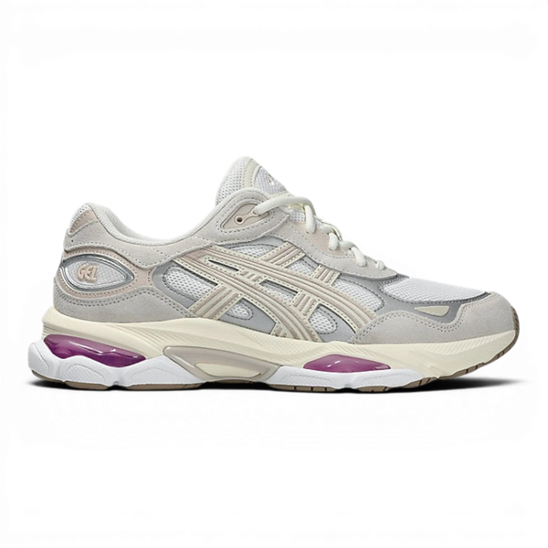 Uptown Asics GEL NYC 2.0 white and cream suede and mesh running shoes with purple GEL accents. — Asics