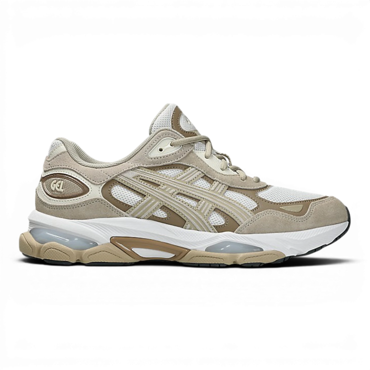 Uptown Asics GEL NYC 2.0 white and feather grey suede and mesh running shoes with GEL cushioning.