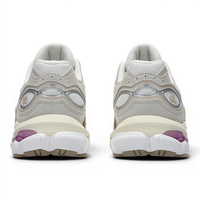 Uptown Asics GEL NYC 2.0 white and cream suede and mesh sneakers with purple GEL cushioning.