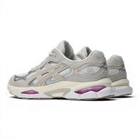 Uptown Asics GEL NYC 2.0 sneakers in white and cream with suede overlays and purple GEL cushioning.