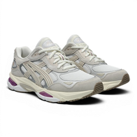 Uptown Asics GEL NYC 2.0 white and cream mesh and suede sneakers with purple accents.
