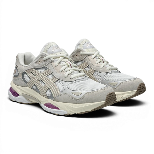 Uptown Asics GEL NYC 2.0 white and cream mesh and suede sneakers with purple accents.