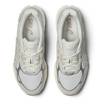 Uptown Asics GEL-NYC 2.0 white and cream mesh and suede running shoes with grey accents.