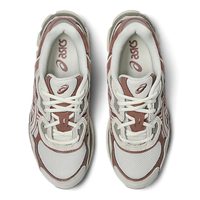 Uptown Asics GEL NYC sneakers in cream and umeboshi pink with mesh and suede upper, top-down view.