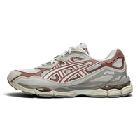Uptown Asics GEL NYC sneakers in cream and umeboshi red with mesh and suede panels, side profile view.