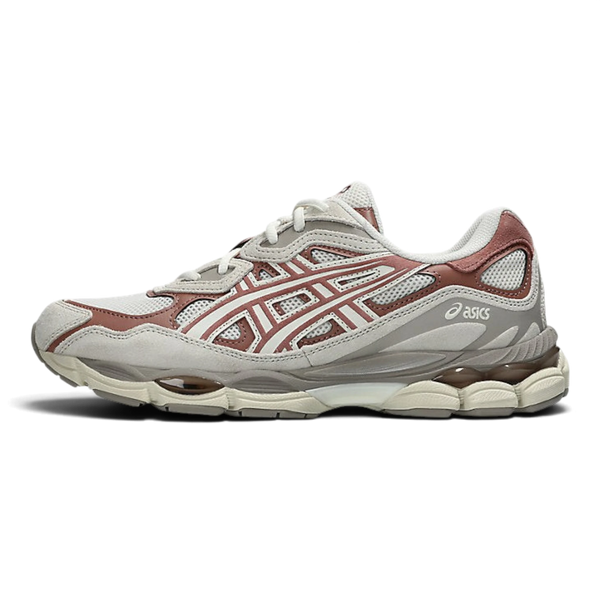 Uptown Asics GEL NYC sneakers in cream and umeboshi red with mesh and suede panels, side profile view.